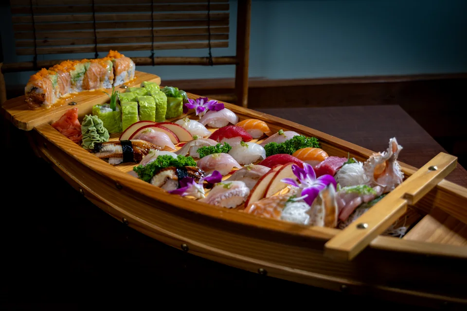 Midori’s Family Boat with sushi, sashimi and specialty rolls