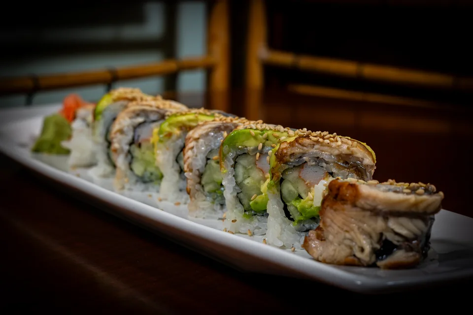 Sunset Roll with shrimp tempura, crabmeat, cream cheese, eel and avocado at Midori Sushi