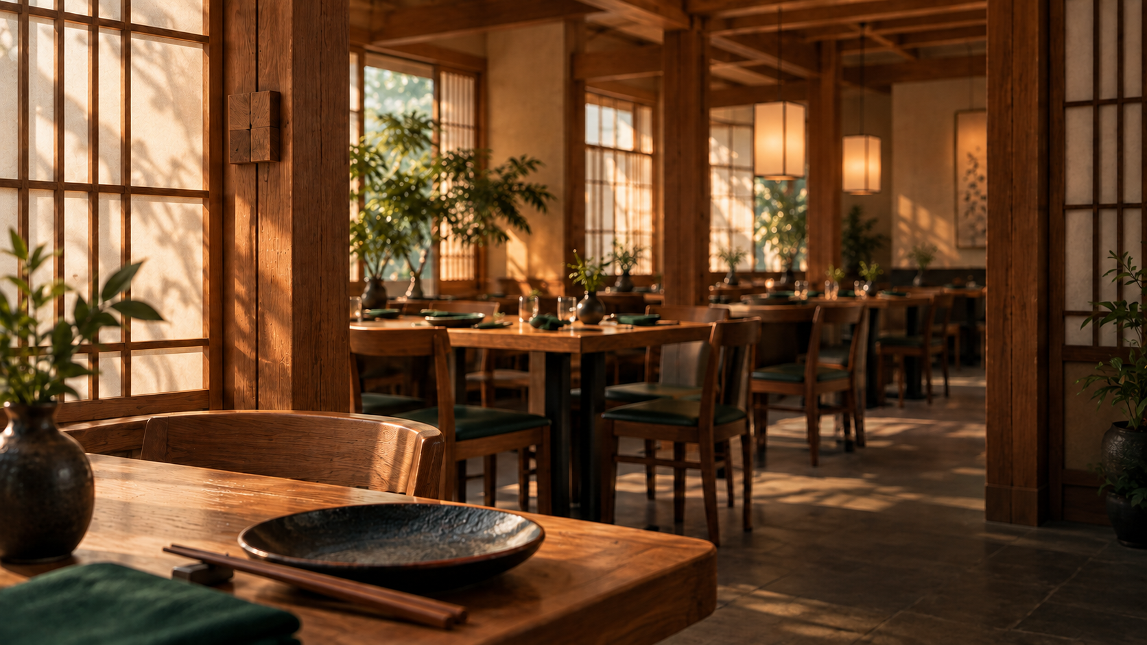 Sunlight through shoji windows in a warm timber dining room