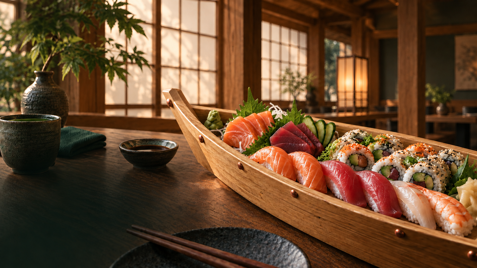 A wooden boat filled with nigiri, sashimi and rolls